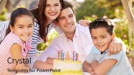  Presentation with birthday cake - Cool new PPT theme with family celebrating birthday outdoors backdrop and a coral colored foreground