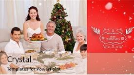  Presentation with christmas dinner - PPT layouts enhanced with family celebrating christmas dinner with turkey against red vignette background and a coral colored foreground