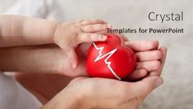  Presentation with family health - Audience pleasing slide set consisting of family charity and health concept - close up of little baby and mother's hands holding red heart with ecg line backdrop and a soft green colored foreground