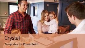  Presentation with hotel - Beautiful presentation design featuring family checking in at hotel backdrop and a coral colored foreground