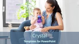  Presentation with portrait happy family smiling - PPT theme having family-child-and-motherhood-concept background and a ocean colored foreground