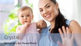  Presentation with portrait happy family smiling - Presentation theme enhanced with family-child-and-motherhood-concept background and a light blue colored foreground