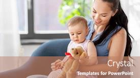  Presentation with portrait happy family smiling - Presentation with family-child-and-motherhood-concept background and a coral colored foreground