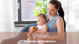  Presentation with portrait happy family smiling - Beautiful PPT theme featuring family-child-and-motherhood-concept backdrop and a coral colored foreground