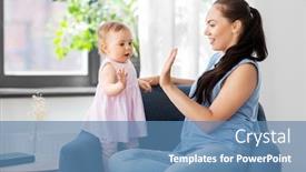  Presentation with portrait happy family smiling - Colorful presentation design enhanced with family-child-and-motherhood-concept backdrop and a teal colored foreground