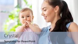  Presentation with portrait happy family smiling - Cool new slide set with family-child-and-motherhood-concept backdrop and a light blue colored foreground