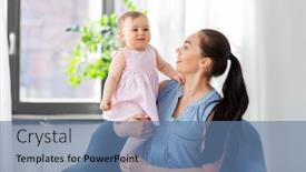  Presentation with portrait happy family smiling - Presentation theme featuring family-child-and-motherhood-concept background and a teal colored foreground