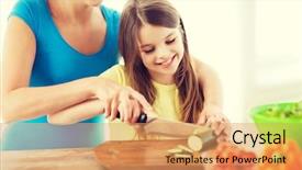  Presentation with mother child - Beautiful presentation theme featuring family child cooking and home concept - smiling little girl with mother chopping cucumber in the kitchen backdrop and a yellow colored foreground