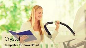  Presentation with baby book - Amazing presentation theme having family child leisure education and parenthood concept - happy mother with baby stroller reading book in park backdrop and a lemonade colored foreground