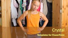  Presentation with closet - Presentation theme having family - child or teenager in front of her closet or wardrobe and looking for outfit background and a tawny brown colored foreground