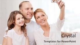  Presentation with digital self - Amazing slides having family child photography and home concept - happy family with little girl making self portrait with digital camera backdrop and a soft green colored foreground