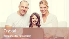  Presentation with parents - Audience pleasing PPT theme consisting of family child technology and home concept - smiling parents and little girl with laptop at home backdrop and a coral colored foreground