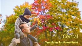  Presentation with maple leaves - PPT theme enhanced with family childhood and fatherhood concept - happy father carrying son with maple leaves over autumn park background background and a tawny brown colored foreground