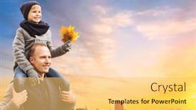  Presentation with maple - Audience pleasing PPT layouts consisting of family childhood and fatherhood concept - happy father carrying son with autumn maple leaves over sunset in tallinn city background backdrop and a yellow colored foreground