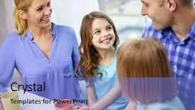  Presentation with breakfast children - Beautiful slide deck featuring family childhood breakfast and people - happy parents and children drinking tea with cups at home backdrop and a light blue colored foreground