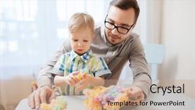  Presentation with activity - Beautiful presentation design featuring family childhood creativity activity and people concept - happy father and little son playing with ball clay at home backdrop and a coral colored foreground