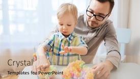  Presentation with activity - Slides having family childhood creativity activity and people concept - happy father and little son playing with ball clay at home background and a coral colored foreground