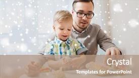  Presentation with activity - PPT theme with family childhood creativity activity and people concept - happy father and little son playing with ball clay at home over snow background and a coral colored foreground