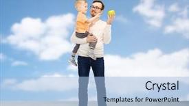 Presentation with family healthy eating - Slides enhanced with family childhood fatherhood healthy eating and people concept - happy father and and little son with green apple over blue sky and clouds background background and a light blue colored foreground