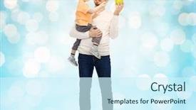  Presentation with family healthy eating - Beautiful theme featuring family childhood fatherhood healthy eating and people concept - happy father and and little son with green apple over blue holidays lights background backdrop and a cool aqua colored foreground