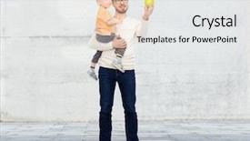  Presentation with family healthy eating - Slides featuring family childhood fatherhood healthy eating and people concept - happy father and and little son with green apple over urban street background background and a white colored foreground