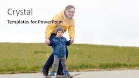 Presentation with teaching - Amazing theme having family childhood fatherhood leisure and people concept - happy father teaching little son to ride on skateboard backdrop and a white colored foreground