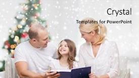 Presentation with family reading - Theme consisting of family childhood holidays and people - smiling mother father and little girl reading book over living room and christmas tree background background and a white colored foreground