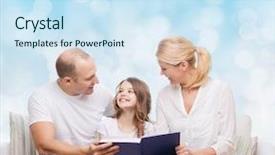  Presentation with family reading - PPT theme with family childhood holidays and people - smiling mother father and little girl reading book over blue lights background background and a sky blue colored foreground