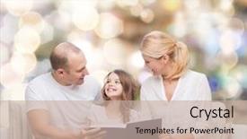  Presentation with family reading - Presentation theme enhanced with family childhood holidays and people - smiling mother father and little girl reading book over lights background background and a soft green colored foreground