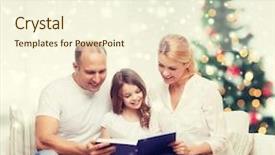  Presentation with family reading - Presentation design featuring family childhood holidays and people - smiling mother father and little girl reading book over living room and christmas tree background background and a cream colored foreground