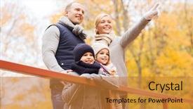  Presentation with season - PPT theme with family childhood season and people concept - happy family pointing finger in autumn park background and a gold colored foreground