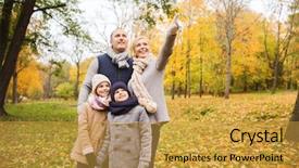  Presentation with childhood - Theme enhanced with family childhood season gesture and people concept - happy family pointing finger in autumn park background and a gold colored foreground