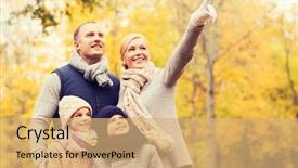  Presentation with season - Presentation theme featuring family childhood season gesture and people concept - happy family pointing finger in autumn park background and a coral colored foreground