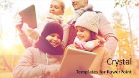  Presentation with computers - Slide set having family childhood season technology and people concept - happy family with tablet pc computers in autumn park background and a coral colored foreground