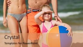  Presentation with beach ball - Presentation theme enhanced with family childhood travel and people concept - close up of happy man woman and little girl in sunglasses with inflatable ball on summer beach background and a coral colored foreground