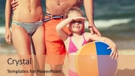  Presentation with beach ball - Audience pleasing presentation design consisting of family childhood travel and people concept - close up of happy man woman and little girl in sunglasses with inflatable ball on summer beach backdrop and a coral colored foreground