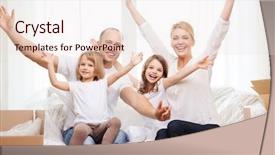  Presentation with family children - Amazing slide deck having family children accommodation and home concept - smiling parents and two little girls waving hands at new home backdrop and a lemonade colored foreground