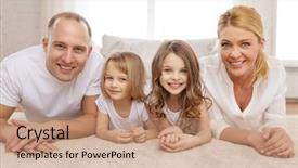  Presentation with family children - Cool new presentation theme with family children and home concept - smiling family with and two little girls lying on floor at home backdrop and a coral colored foreground