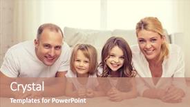  Presentation with family children - Colorful slide deck enhanced with family children and home concept - smiling family with and two little girls lying on floor at home backdrop and a coral colored foreground