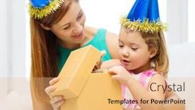  Presentation with birthday celebration mother - Amazing slide set having family children celebration holidays birthday and happy people concept - happy mother and daughter in blue hats with gift box backdrop and a coral colored foreground