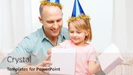  Presentation with father birthday - Slide deck enhanced with family children celebration holidays birthday and happy people concept - happy father and daughter in blue party hats with gift box background and a lemonade colored foreground