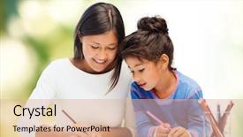  Presentation with family children - Audience pleasing presentation consisting of family children creativity and happy people concept - happy mother and daughter drawing with pencils over green background backdrop and a coral colored foreground