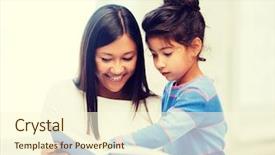  Presentation with school family - PPT layouts featuring mom and son are playing on the beach at sunset background and a coral colored foreground