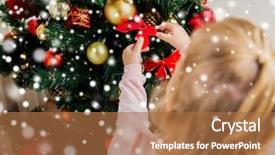  Presentation with child tree - Beautiful presentation design featuring family christmas holidays new year and people concept - close up of child decorating christmas tree backdrop and a coral colored foreground