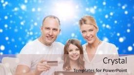  Presentation with family shopping - Audience pleasing PPT layouts consisting of family christmas holidays shopping technology and people concept - happy family with laptop computer and credit card over blue snowy background backdrop and a coral colored foreground