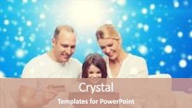  Presentation with family shopping - Audience pleasing slides consisting of family christmas holidays shopping technology and people concept - happy family with laptop computer and credit card over blue snowy background backdrop and a coral colored foreground