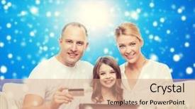 Presentation with family shopping - Cool new PPT layouts with family christmas holidays shopping technology and people concept - happy family with laptop computer and credit card over blue snowy background backdrop and a coral colored foreground