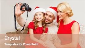  Presentation with family photo - PPT theme having family christmas x-mas happiness and people concept - smiling family in santa helper hats taking picture with photo camera background and a coral colored foreground