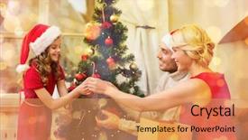  Presentation with family tree - Amazing theme having family christmas x-mas happiness and people concept - smiling family in santa helper hats decorating christmas tree backdrop and a coral colored foreground