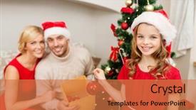  Presentation with family tree - Presentation theme featuring family christmas x-mas winter happiness and people concept - smiling family in santa helper hats decorating christmas tree background and a coral colored foreground
